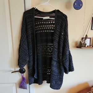 Lucky Brand Black Open-Front Crochet Knit Cardigan